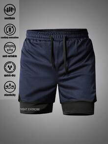 2 piezas Shorts de malla de doble capa 2 en 1 para hombre con forros de compresión incorporados, deportes para novio - Multicolor - Ver 2