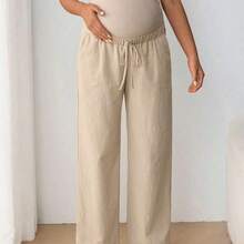 Pantalones rectos de cintura alta con lazo y cordón ajustable para soporte de vientre, para embarazadas - Azul marino - Ver 5