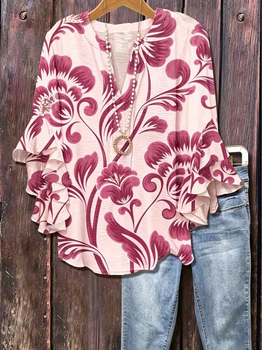Plus Size Women Floral Print Ruffle V-Neck Blouse Pink Vacation - Pink - View 1