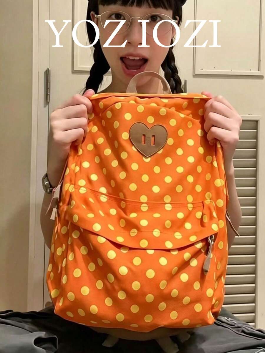 Back To School Season Fashion Minimalist Orange Polka Dot Heart Backpack For Women, Japanese Style College Student Bookbag, Niche Design Commuter Travel Backpack - Orange - View 1