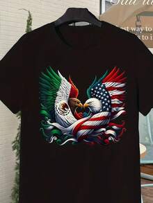 Camiseta de Hombre Vintage con Gráfico de Águila y Serpiente de la Bandera Mexicana Americana| Estilo Retro Clásico de Sol Artístico, Cuello Redondo, Lavable a Máquina - Negro - Ver 1