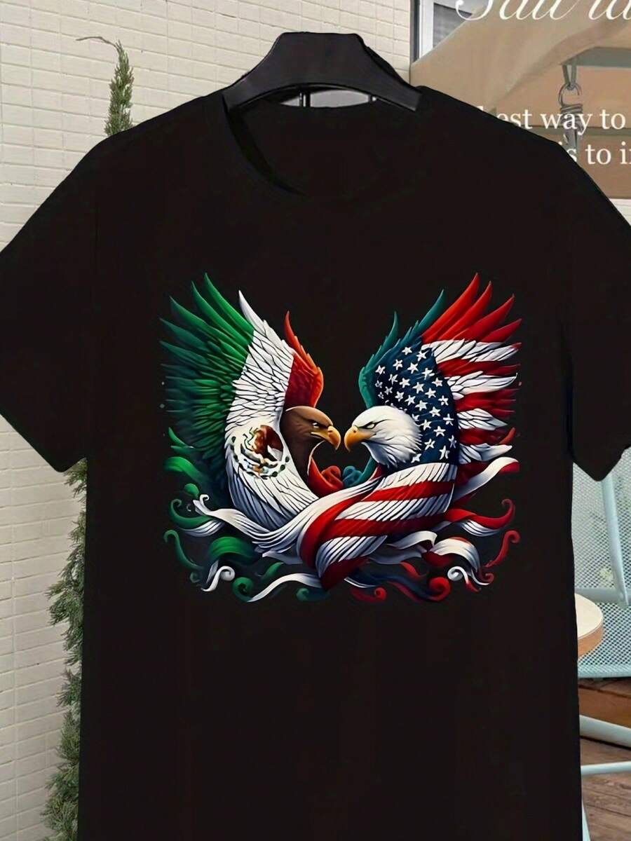 Camiseta de Hombre Vintage con Gráfico de Águila y Serpiente de la Bandera Mexicana Americana| Estilo Retro Clásico de Sol Artístico, Cuello Redondo, Lavable a Máquina - Negro - Ver 1
