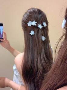6pcs Women's Blue Mesh Floral Hair Clips, Cute Elegant Bangs Clips, Versatile Side Hair Clips For Girls, Gentle Fairy Style Exquisite High-End Cherry Blossom Hair Pins, Suitable For Daily Wear - Blue - View 2