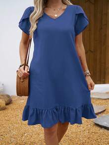 Vestido de Mujer con Cuello en V, Mangas de Concha y Volantes - Azul - Ver 4