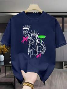 New Versatile And Stylish Casual Short-Sleeved T-Shirt, 100% Cotton, Printed - Black Base For Men With A Statue Of Liberty Graffiti Design, Unisex (For Men And Women), Comfortable Material, Short-Sleeved Top, Suitable For All Seasons. Perfect Gift For Holidays Or Birthdays - Unisex Design. - 黑色 - 查看 6