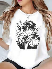 Figure Of A Person With Hair Blowing In The Wind, Fists In A Defiant Attitude, And Fire And Lightning Effects Conveying Energy And Strength. Women's T-Shirt, 100% Cotton, 180g - 白色 - 查看 1