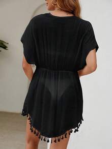 Kimono With Low Front Bow And Fringe - Black - View 3