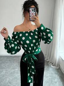 Elegant Women's Off-Shoulder Blouse With Polka Dots And Front Bow - Puff Sleeves, Round Neck, White, Machine Washable, Ideal For Casual Or Semi-Formal Wear In All Seasons - 深綠色 - 查看 4
