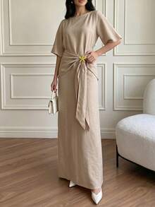 Women's Light Khaki Extra Long Ruffle Sleeve Dress With Starfish Metal Buckle Decoration, Slouchy Elegant Beach Casual Vacation Outfit Summer - Khaki - View 4