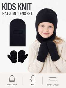 3pcs Kids Winter Hat & Gloves Set, Warm Knitted Hooded Hat, Knitted Gloves, Solid Color, Toddler Gloves For Girls & Boys, Elastic Knitted Gloves, Suitable For Kids & Toddlers Winter Warmth - 3pcs - View 3