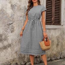 xuehuamaoyi02  Vestido largo casual de mujer con cintura ceñida y rayas, para verano - Blanco y Negro - Ver 11