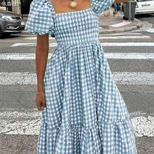 yonghongmaoyi1 Vestido casual elegante bohemio de mujer a cuadros para primavera/verano 2026 con cintura ceñida, mangas abullonadas, volantes en el bajo, verde lavado, adecuado para conciertos, calle, oficina, fiesta, cumpleaños - Rojo - Ver 2