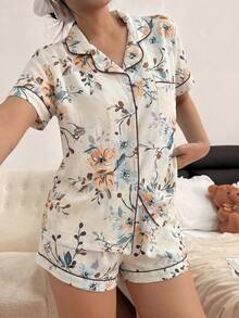 Dreamivo 2 Peças Conjunto de Pijama Confortável com Estampa Floral, Top com Lapela de Manga Curta com Bolso e Shorts com Laço, Roupa de Dormir e Loungewear Feminina Adequada para Todas as Estações - Damasco - Visão 5