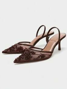New Spring Women's Shoes, Brown Mesh Open-Toe Mules With Embroidery & Beaded Decor, Thin High Heels,Summer Sandals - Brown - View 4