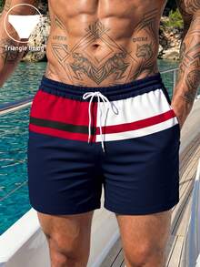 Mercer Haus Nautical Prep Vibes | Men's Red White Navy Color Block Swim Trunks - Multicolor - View 9