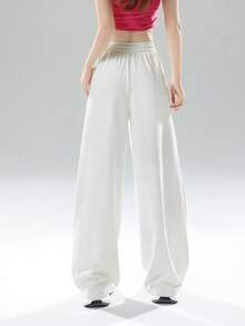 JUTU Loose Fit Colorblock Star Print Ice Silk Thin Drawstring High Waist Casual Pants, Suitable For Spring, Summer And Autumn, Straight Leg Design For Women - White and Red - View 2
