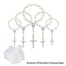 30/60/90pcs/Set Rose Rosary Bracelet, Acrylic 3D Rose Bead Bracelet, Beaded Small Bracelet With Organza Bag, Suitable For Baptism Gifts, First Communion Gifts, Party Favors, Wedding And Other Celebrations 30 To 90pcs - Golden - View 13