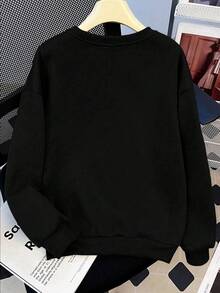 Plus Size Women's Hooded Sweatshirt, Blue Class Pattern Letter Print, Crew Neck Pullover, Suitable For Autumn/Winter Wear - Black - View 2