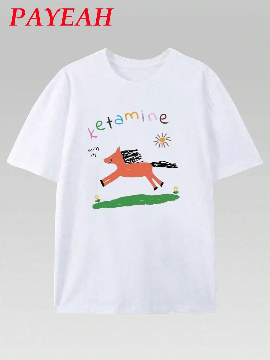 PAYEAH Funny Ketamine Horse T-Shirt (Single) 100% Cotton 220g Heavyweight Cotton T-Shirt, Retro Style & Loose Fit - 白色 - 查看 1