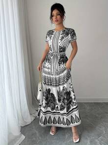 Vestido de Moda Oriental con Estampado Floral y Cinturón Ajustable para Mujer, Escote Redondo - Negro - Ver 6