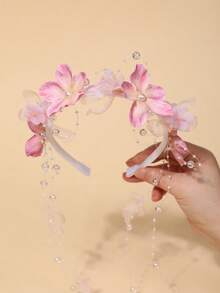 1件女童人造花珍珠髮箍，仙女風薄紗花飾與串珠流蘇髮飾，適合日常配戴、旅行、編髮造型、情人節、派對、仙女造型 - 粉色 - 查看 4