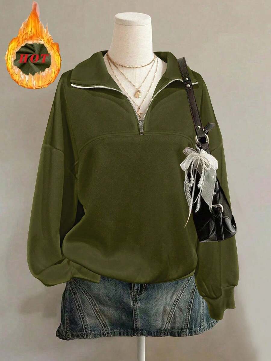 Sudadera holgada con cremallera y abertura lateral para mujer, ideal para graduación, maestros, regreso a la escuela, otoño - Verde militar - Ver 1