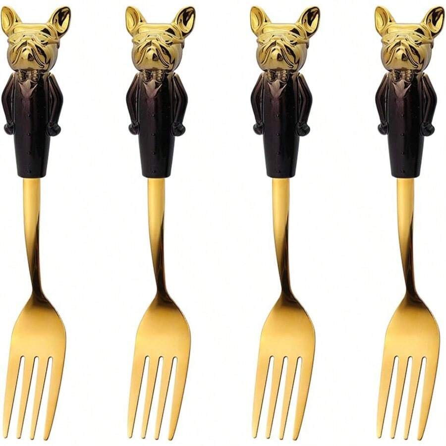 - Juego de 4 tenedores de mesa de ensalada, tenedores de acero inoxidable, juego de cubiertos de postre para perro, dorado, pulgadas - negro/oro - Ver 1