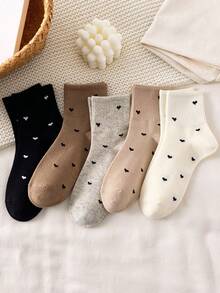 5 Pairs Women's Ankle Socks, Black And White Heart Pattern, Light And Light Colors, Random Colors - Style a - View 3