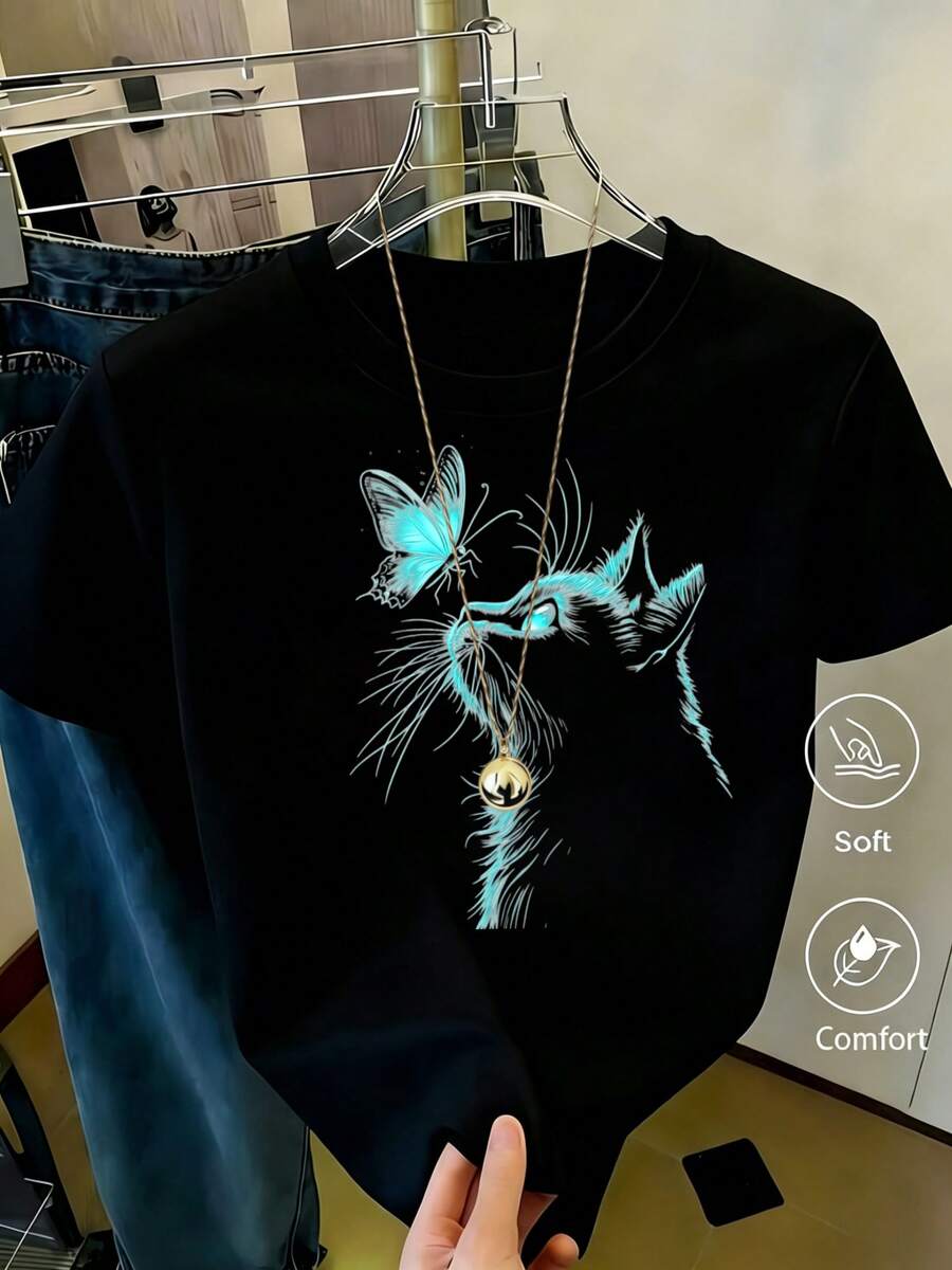 Women's Casual Blouses, Women's Sets, Women's Tops. Women's T-Shirt With Creative Cat And Butterfly Print, Casual Clothing For Women, Regular Size - 黑色 - 查看 1
