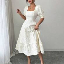 jianchaimaoyi02  Vestido elegante de manga abullonada de unicolor con estampado de margaritas en tejido jacquard y cintura ceñida para uso diario y vacaciones - Albaricoque - Ver 6