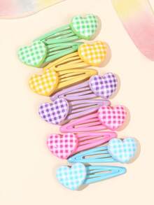 10 piezas Clips BB de corazón color pastel para niñas, clips de pelo de corazón a cuadros kawaii, lindos clips de pelo con broche, regalo para niñas, barrettes, tocado para uso diario y fiestas, accesorios para el cabello de adolescentes - Multicolor - Ver 1