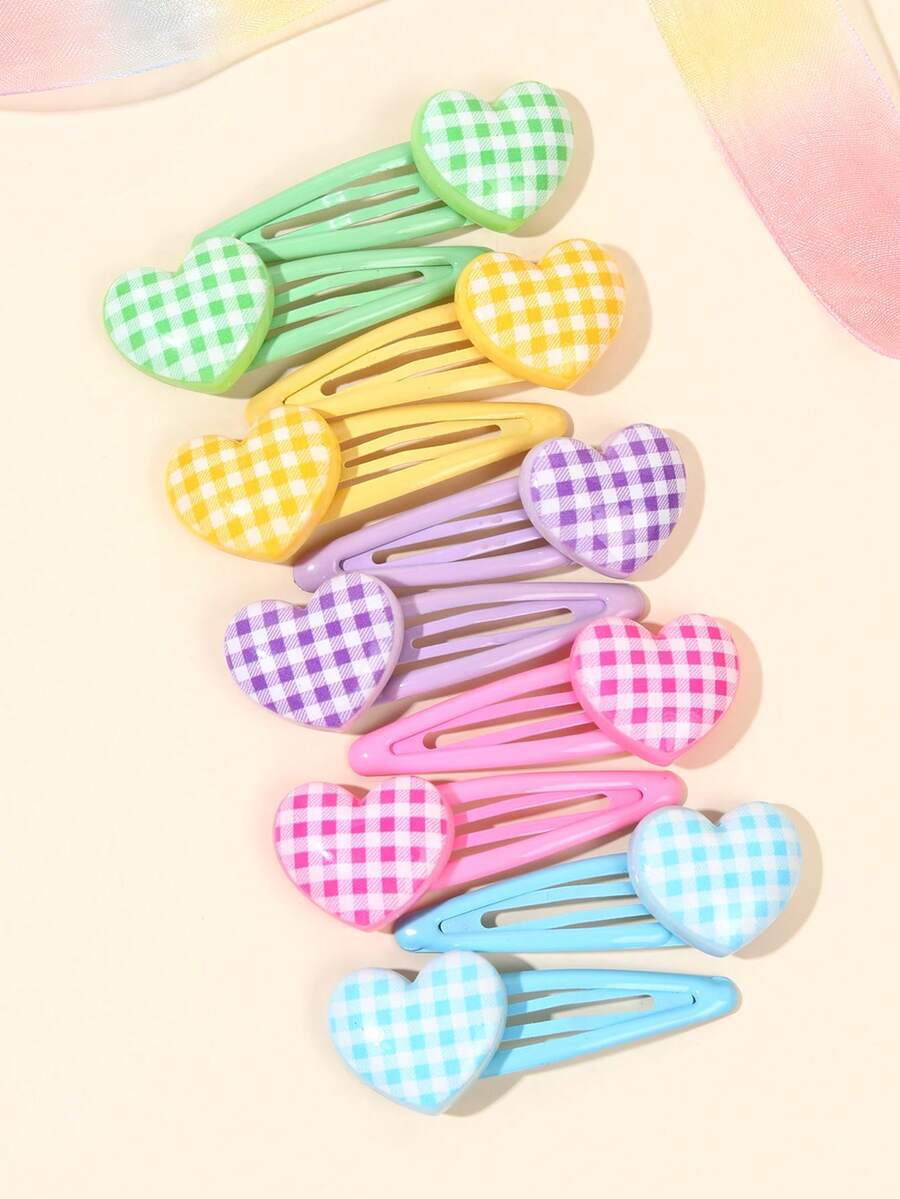 10 piezas Clips BB de corazón color pastel para niñas, clips de pelo de corazón a cuadros kawaii, lindos clips de pelo con broche, regalo para niñas, barrettes, tocado para uso diario y fiestas, accesorios para el cabello de adolescentes - Multicolor - Ver 1