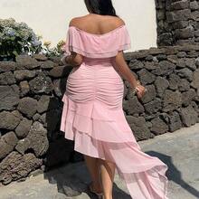 xuehuamaoyi02  Vestido de fiesta, boda, vacaciones, talla grande con hombros descubiertos, volantes en el bajo, asimétrico, de malla fluida, vintage, lindo, color rosa - Amarillo - Ver 5