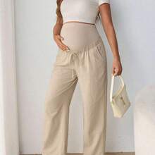 Pantalones rectos de cintura alta con lazo y cordón ajustable para soporte de vientre, para embarazadas - Azul marino - Ver 6