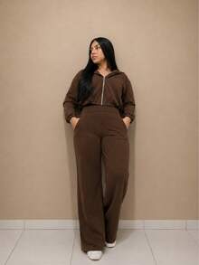 Comfortable Tracksuit Set With Metal Zipper, Long Sleeves And Wide-Leg Pants With Pocket. - 鏽棕色 - 查看 4