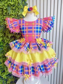 Children's Checkered Dress For June Festival, Colorful Pink And Yellow, Ruffles And Ribbons, Country Style, Luxury - Nhiều màu - Xem 1