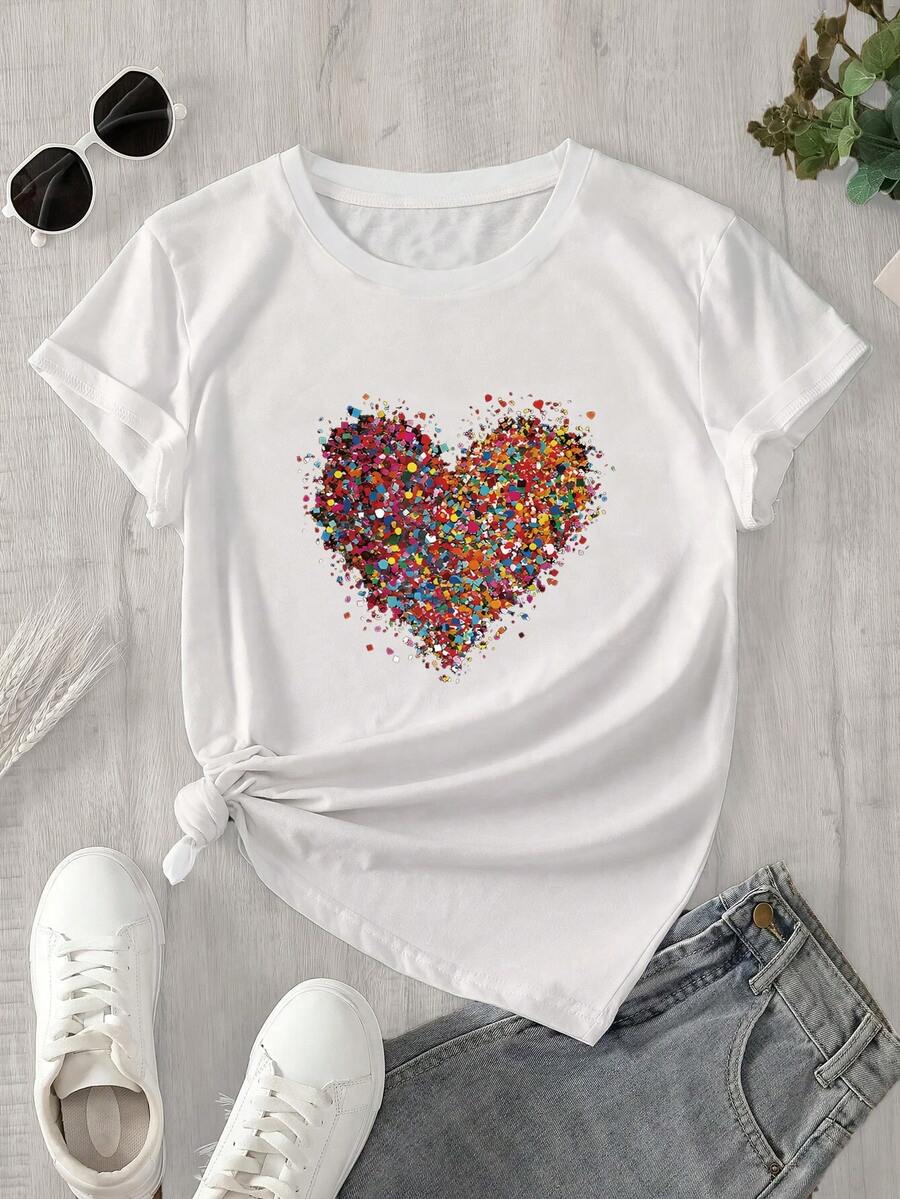 Top de mujer de manga corta y cuello redondo con estampado de corazones de diferentes colores, ideal para todas las estaciones. - Blanco - Ver 1