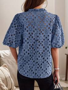 Elegant Lace Blouse With Eye Embroidery And Puff Sleeves For 2024 - Navy Blue - View 3