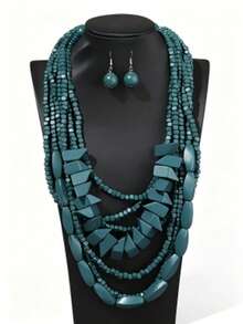 Bohemian Style Solid Rose Red Wood Texture Layered Necklace And Earrings 2pcs Set, Versatile Jewelry For Daily Commute And Dating - Dark Green - View 17
