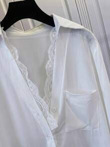 Women's White Long Sleeve Polyester Shirt With Lace Decoration, Fashionable Daily Wear, Pocket Design, Regular Fit - White - View 6