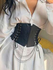 1pc Women's Renaissance Accessory Black Punk Style Drawstring Adjustable Corset Belt, Suitable For Halloween Night Or Daily Wear - Black - View 3