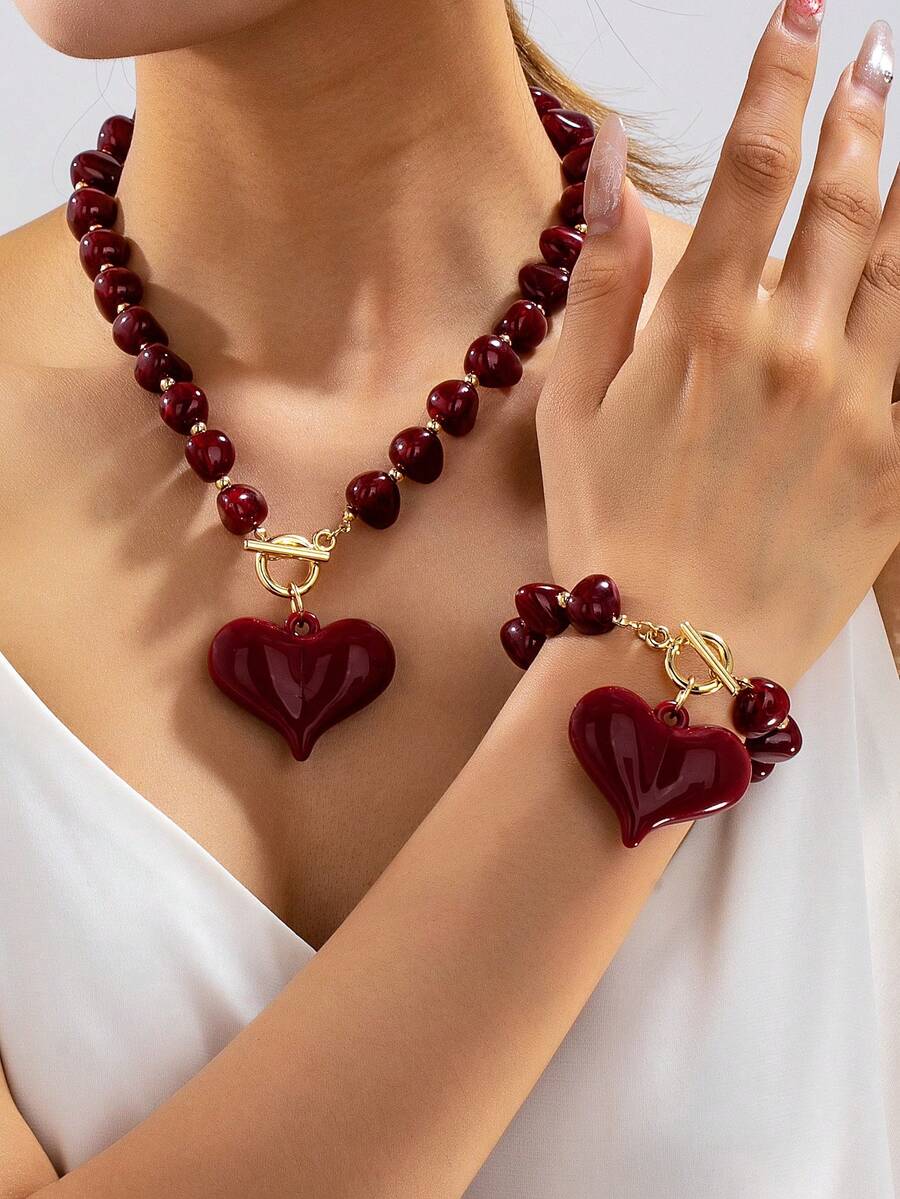 2pcs/Set Fashionable Red Beaded Heart Necklace And Bracelet, Suitable For Women's Daily Wear, Party, Gift - Burgundy - View 1