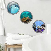 3 buah Stiker Dinding Visual 3D Pemandangan Bawah Laut dan Dunia Hewan Laut, Stiker PVC Tahan Air yang Dapat Dilepas dan Dilekatkan Sendiri, Cocok untuk Kamar Mandi, Kamar Tidur, Furnitur, dan Dekorasi Rumah. - Stiker kamar mandi - View 1