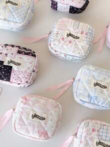1Pc Kawaii Quilted Mini Storage Pouch With Lace-Up, Floral Bow Print Cosmetic & Sanitary Pad Bag, Portable Travel Organizer For Small Items - Multicolor - View 7