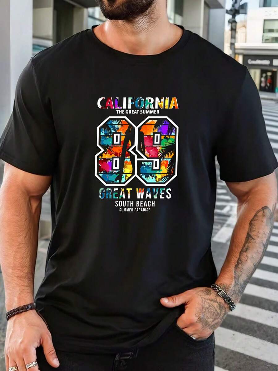 Men's Pure Cotton Short Sleeve T-Shirt Graphic Print California 29 Best Waves North Beach Casual Summer Top Christmas Gift New Year Present  Loose Fit Holiday Gift For Him Comfortable Daily Wear Breathable Fabric Fashionable Tee For Vacation Beach Style European Holiday Gift Idea Lightweight Soft Material Easy To Match Men's Fashion 2026 - Black - View 1