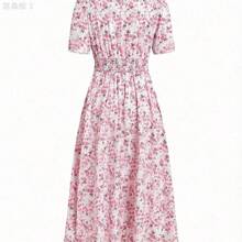 yonghongmaoyi1  Vestido elegante de longitud media con cuello redondo, manga corta, estampado floral y cinturón para mujer - Azul y blanco - Ver 9