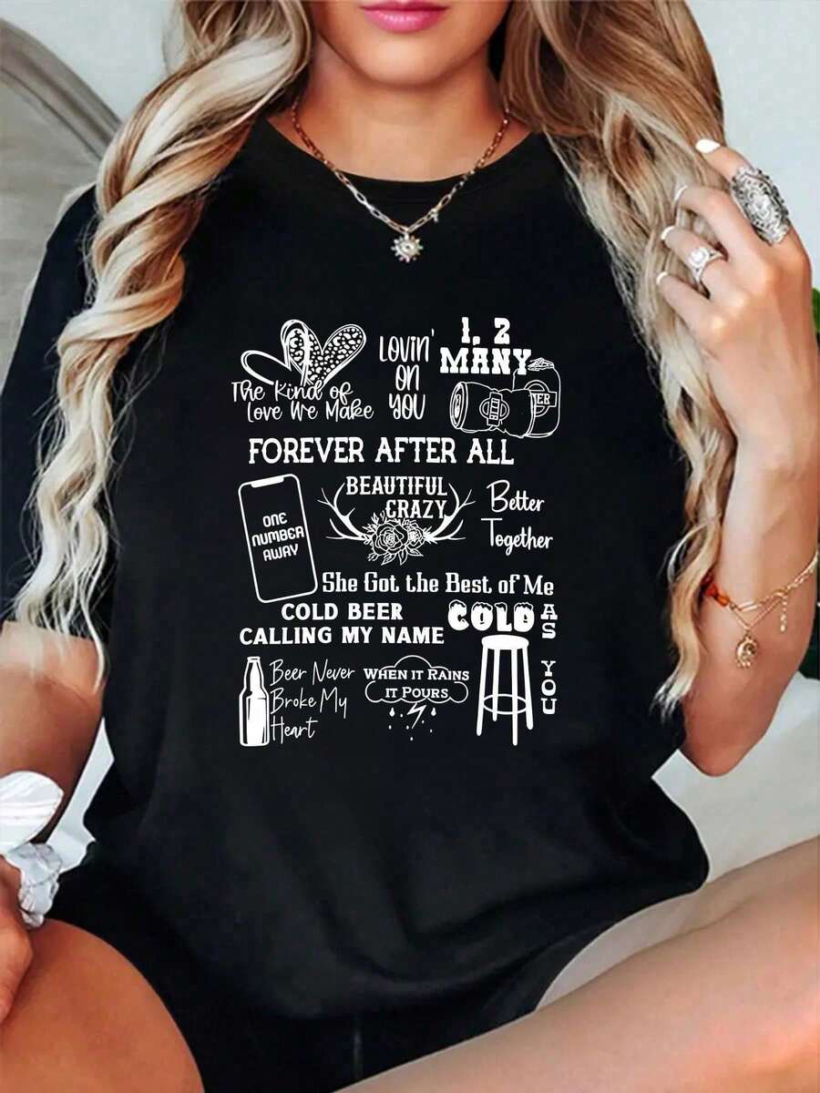 Playera de Mujer Oversize Estampada de Manga Corta 100% Algodón Puro Playera de Mujer Oversize Estampada de Manga Corta 100% Algodón Te Amo para Siempre Después de Todo Hermoso Loco Mejor Juntos Cerveza Fría Llamándome por Mi Nombre Camiseta de Cuello Redondo Manga Corta Ropa Urbana Moda Transpirable Hombre Ropa de Diseñador Suave Unisex Ropa de Primavera y Verano para Uso Diario Transpirable - Negro - Ver 1