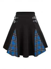 Talla Grande - Talla Grande - Falda Mini A-Line de Talle Alto con Botones y Diseño de Cuadros Gótico - Cuadros Negros + Azules - Ver 1