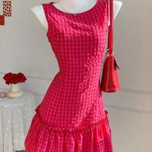 LunaCass8  Vestido casual y elegante con textura de crepé, volantes en el bajo y sin mangas, a cuadros, ideal para el Día de San Valentín - Multicolor - Ver 5