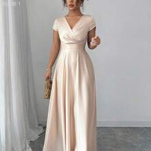 jianchaimaoyi02  Vestido elegante y romántico para mujeres con cuello en V, mangas cortas y cintura ceñida - Café integral - Ver 7